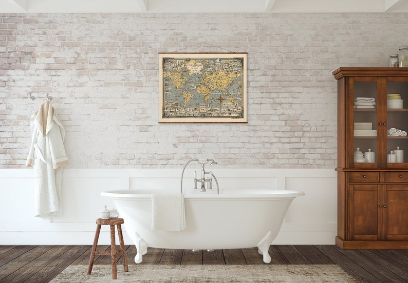 World Wonders A Pictorial Map on Canvas Ready to Hang Roll Down Canvas Decorative Antique Wall Decor Map Scroll 22x28 inches