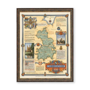 Cambridgeshire England Poster Print Vintage Country Home Wall Map Decor