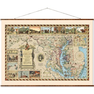 Carte du Maryland, carte de la vieille ville vintage sur toile, décorative prête à accrocher, défilement mural