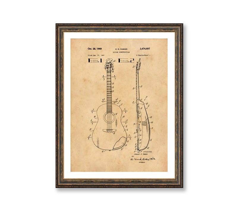Acoustic Guitar Patent Art: Vintage Industrial Style - Wall Decor afbeelding 1