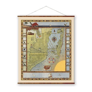 Mapa decorativo en lienzo de Miami, Florida, con pergamino, colores vintage, mapa pictórico, decoración del hogar