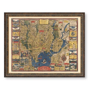 May include: A vintage map of Boston, Massachusetts, framed in a brown wood frame. The map is printed in yellow, red, blue, and black, and features a detailed street grid and landmarks. The map is surrounded by a border of small illustrations depicting historical scenes and buildings.