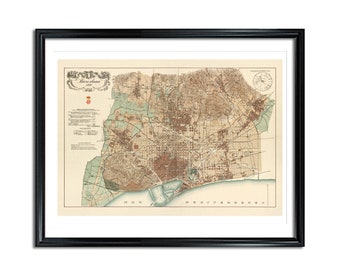 Barcelona Map 1890 Vintage City Poster Print on Matte Paper Decorative Antique Wall Decor Pictorial Map of Spain