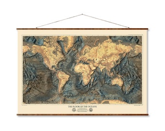 World Map Canvas Scroll: Ocean Floor & Land Relief Topography