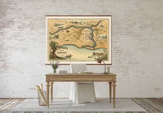 Chicago Map Canvas: 1833 Vintage Scroll Style - Historic Wall Art