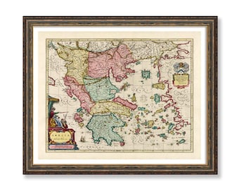 Greece 1665 Vintage Colorful Poster Print on Matte Paper Greek Islands Map