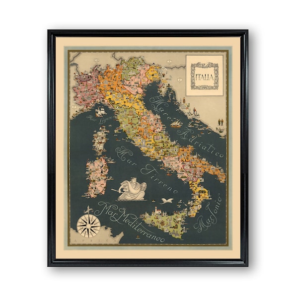 Map of Italia Print Vintage Colored Map Country Home Wall Decor Map of Italy