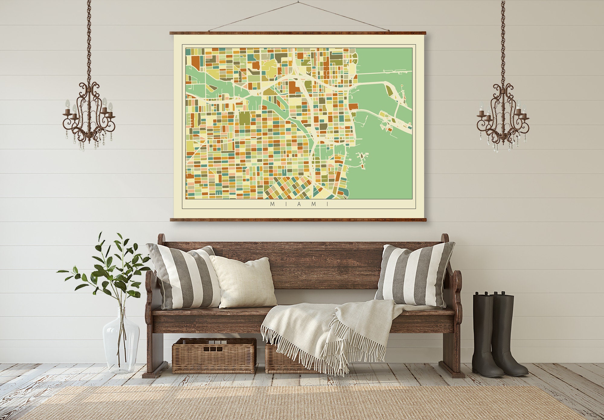 Miami Mosaic City Art Map Vintage Colored on Ready to Hang  Etsy