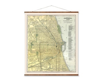 Chicago Map Vintage City Map on Ready to Hang Roll Down Canvas Decorative Wall Decor Map Scroll of Illinois