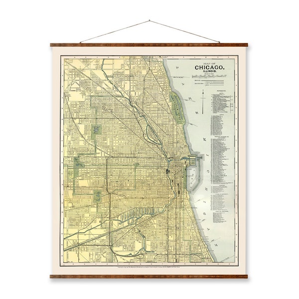 Chicago Map Vintage City Map on Ready to Hang Roll Down Canvas Decorative Wall Decor Map Scroll of Illinois