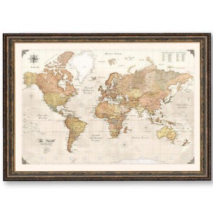 The image is a framed world map with a vintage style, depicting the continents and oceans in a detailed manner.