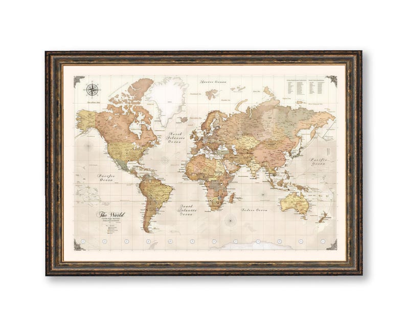 The image is a framed world map with a vintage style, depicting the continents and oceans in a detailed manner.