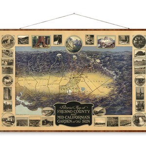 Mapa decorativo en lienzo del condado de Fresno de 1919, mapa pictórico vintage de California a color, decoración del hogar