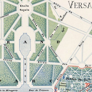May include: A vintage map of the Palace of Versailles gardens in France, circa 1900. The map shows the layout of the gardens, including the Grand Canal, the All&eacute;e de la Reine, and the Jardin du Grand Trianon. The map is printed in black, white, and green.