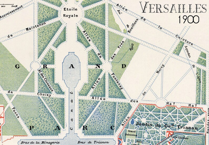 May include: A vintage map of the Palace of Versailles gardens in France, circa 1900. The map shows the layout of the gardens, including the Grand Canal, the All&eacute;e de la Reine, and the Jardin du Grand Trianon. The map is printed in black, white, and green.