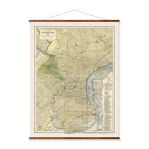 Philadelphia City Map Vintage City Map on Ready to Hang Roll Down Canvas Decorative Antique Wall Decor Map Scroll of Pennsylvania