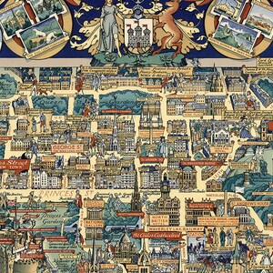 May include: A vintage illustrated map of Edinburgh, Scotland, featuring landmarks like Princes Street, St. Giles Cathedral, and Calton Hill. The map is in a colorful cartoon style with a blue and gold border.