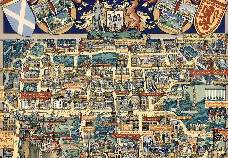 May include: A vintage illustrated map of Edinburgh, Scotland, featuring landmarks like Princes Street, St. Giles Cathedral, and Calton Hill. The map is in a colorful cartoon style with a blue and gold border.