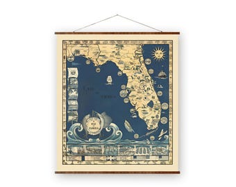 Florida Map Wall Art: Vintage Scroll Canvas - Rustic Home Decor