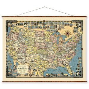 America the Wonderland Color Map on Canvas Ready to Hang Roll Down Canvas Decorative Antique Wall Decor Map Scroll