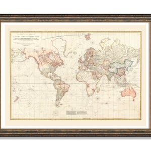 Vintage World Map Print - 1808 Explorers Chart, Old Style