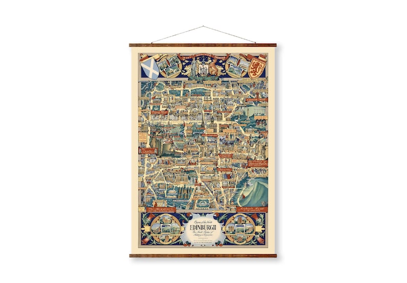 May include: A vintage-style illustrated map of Edinburgh, Scotland. The map is printed on a cream-colored background with blue, red, and green accents. The map features a detailed illustration of the city's streets, buildings, and landmarks. The title "Charm of the World EDINBURGH The Auld Reekie" is printed at the bottom of the map.