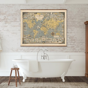 World Wonders A Pictorial Map on Canvas Ready to Hang Roll Down Canvas Decorative Antique Wall Decor Map Scroll 44x56 inches