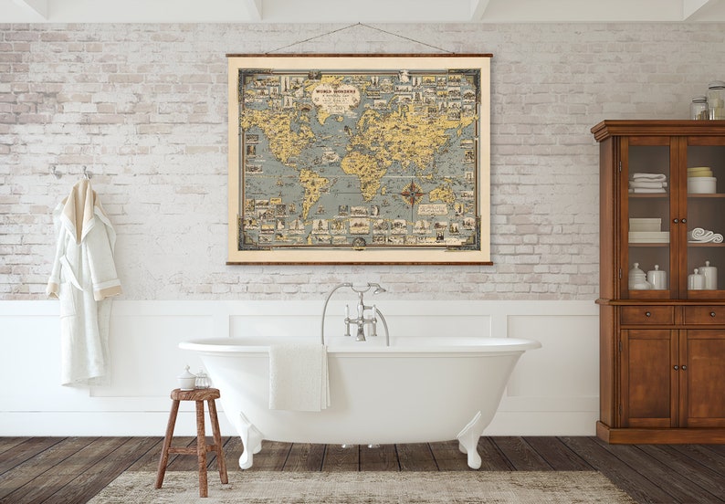 World Wonders A Pictorial Map on Canvas Ready to Hang Roll Down Canvas Decorative Antique Wall Decor Map Scroll 44x56 inches