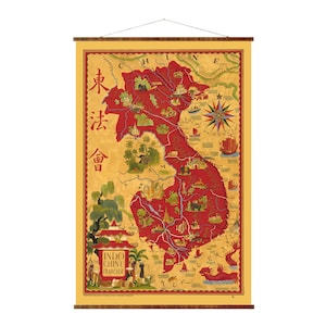 Mapa antiguo de la Indochina francesa, Vietnam, Laos y Camboya, sobre lienzo enrollable listo para colgar, decoración de pared antigua decorativa, mapa de Asia