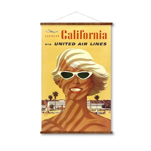 California United Airlines Vintage Poster Illustrations on Canvas Art Ready to Hang Antique Decor Roll Down Canvas Scroll