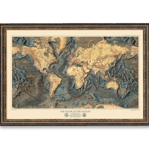Vintage World Map Print: Ocean Floor & Land Relief Topography