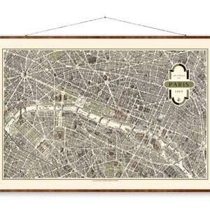 Paris France 1959 Retro Map Vintage City Map on Ready to Hang Roll Down Canvas Decorative Antique Wall Decor Map Scroll