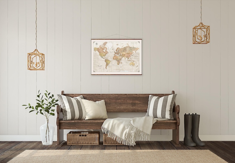 World Map Canvas: Up to Date, Vintage Style Scroll - Handmade Wall Decor image 4