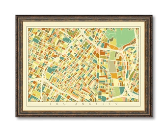 Los Angeles City Mosaic Art Map Print Vintage Colored Wall Decor