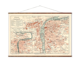 Map of Prague Roll Down Vintage Canvas Decorative Scroll Wall Decor Map of Czech Republic