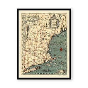 May include: Vintage map of New England with a detailed illustration of the state of Massachusetts. The map is printed on cream-colored paper with brown and red lines representing roads and railroads. The map is framed in a black frame.