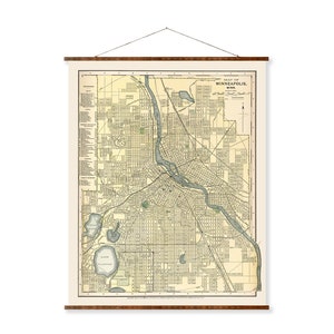 Minneapolis City Map Vintage City Map on Ready to Hang Roll Down Canvas Decorative Wall Decor Map Scroll of Minneapolis