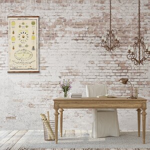 May include: A vintage-style illustration of the phases of the moon hangs on a white brick wall above a wooden desk with a white chair. Two ornate chandeliers hang from the ceiling.