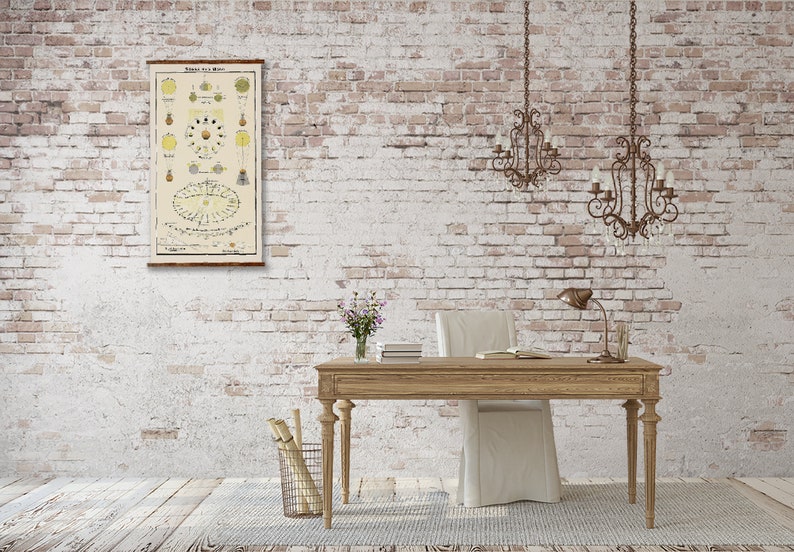 May include: A vintage-style illustration of the phases of the moon hangs on a white brick wall above a wooden desk with a white chair. Two ornate chandeliers hang from the ceiling.