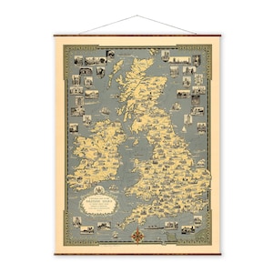 Mapa decorativo enrollable de lienzo vintage con ilustraciones de las Islas Británicas, mapa de países de Europa, Inglaterra, Irlanda y Escocia.