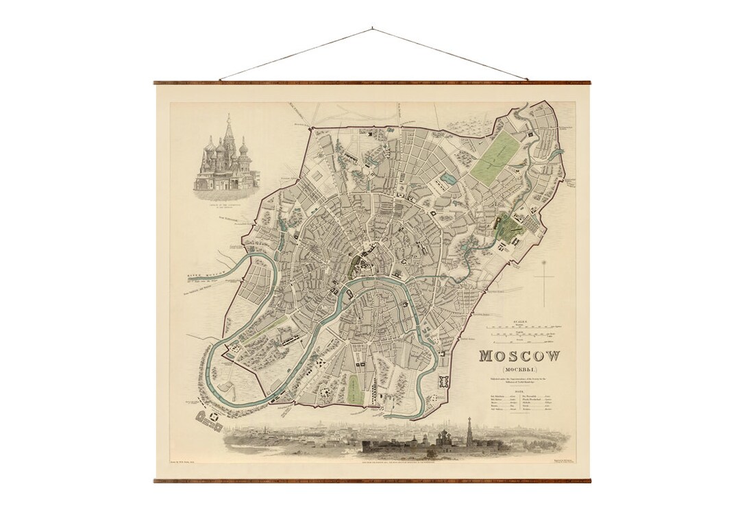 Map of Moscow Vintage Russian City Map on Ready to Hang Roll Down ...