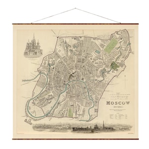 Moscow Vintage Russian City Map on Ready to Hang Roll Down Canvas Decorative Antique Map Scroll of Russia