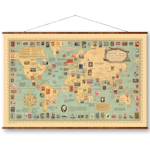 Stamp Map, Vintage Style Map, Vintage Home Decor, Decorative Canvas Scroll, Rustic Country Wall Art, Handmade Gift for Stamp Collectors
