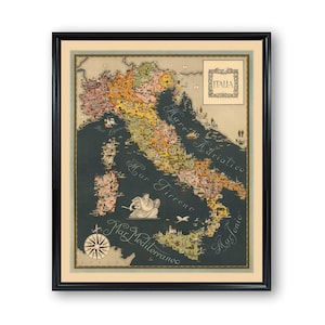 Map Of Italy, Vintage Wall Decor, Farmhouse Decor, Italia Print, Colored Country Map, Handmade Gift, Home Wall Art