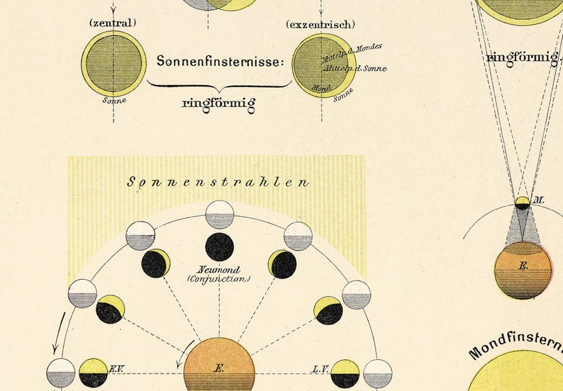 May include: A diagram illustrating the phases of the moon and the occurrence of solar and lunar eclipses. The diagram shows the sun, moon, and earth in various positions relative to each other. The text in the image is in German and includes the terms "Sonnenfinsternisse" (solar eclipses), "ringf&ouml;rmig" (annular), "Sonnenstrahlen" (sun rays), "Neumond" (new moon), "Conjunction", "Mondfinstern" (lunar eclipse).