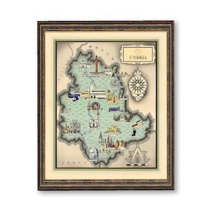 Vintage Umbria Italy Map Print: European City Wall Decor