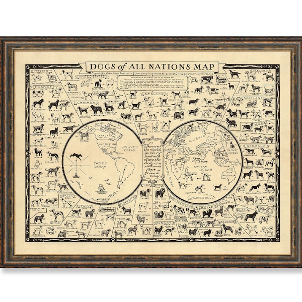 Dogs of All Nations Map Poster Print Vintage Home Decor Wall Map of Dogs