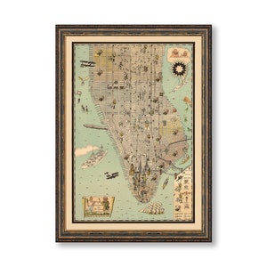Manhattan Pictorial City Map Poster Print Vintage Wall Decor of New York