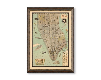 Manhattan Pictorial City Map Poster Print Vintage Wall Decor of New York