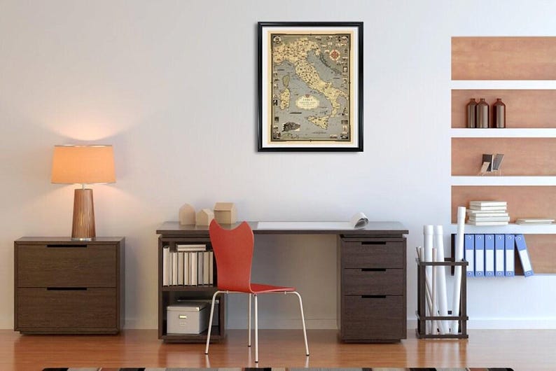 Póster ilustrado vintage del mapa de Italia y el Vaticano, impreso en papel mate. imagen 2
